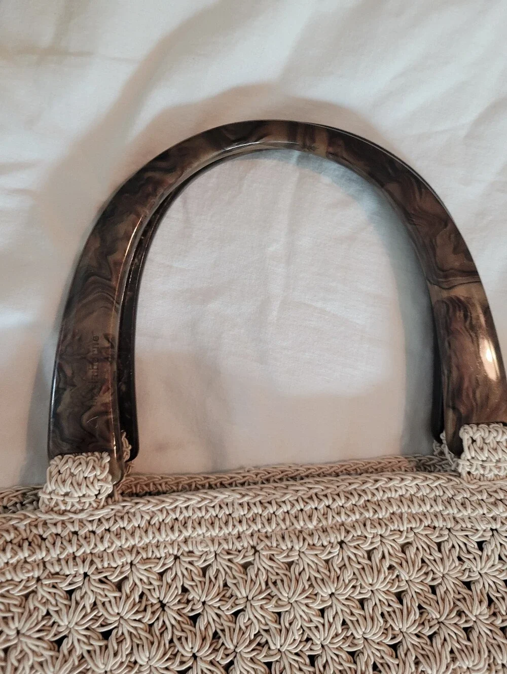 Vintage Liz Claiborne Cream Crochet Star Stitch Handbag Tortoiseshell Handle